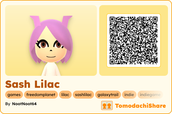 Sash Lilac, a female Mii  with tags: games, freedomplanet, lilac, sashlilac, galaxytrail, indie, indiegame