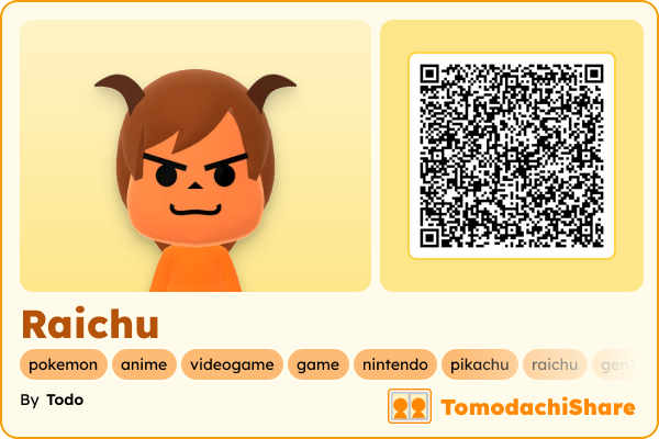 Raichu, a female Mii  with tags: pokemon, anime, videogame, game, nintendo, pikachu, raichu, gen1