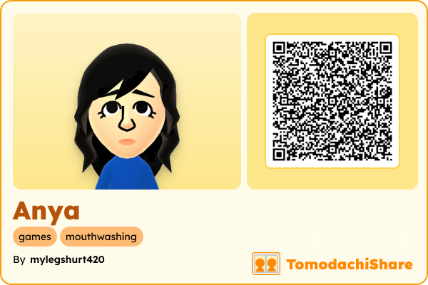 Anya, a female Mii  with tags: games, mouthwashing
