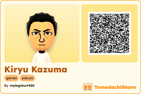 Kiryu Kazuma, a male Mii  with tags: games, yakuza