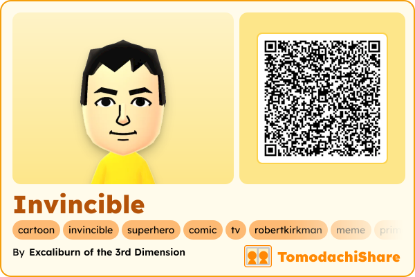 Invincible, a male Mii  with tags: cartoon, invincible, superhero, comic, tv, robertkirkman, meme, primevideo