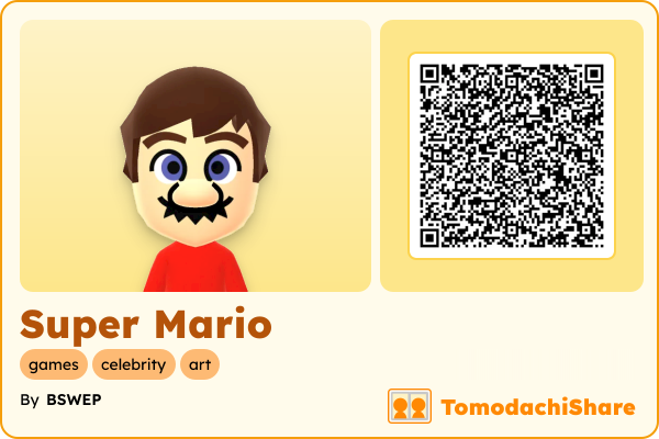 Super Mario, a male Mii  with tags: games, celebrity, art