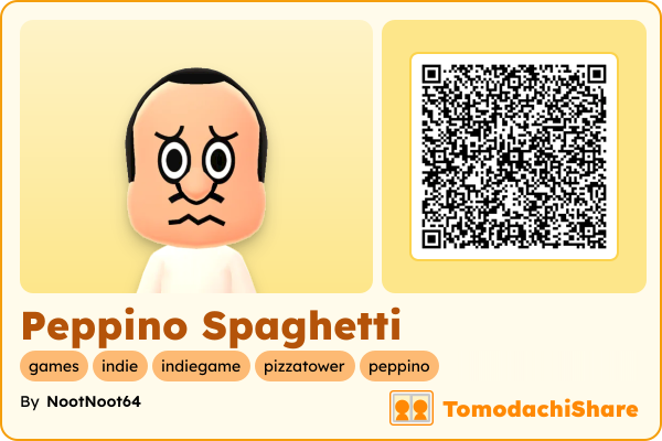 Peppino Spaghetti, a male Mii  with tags: games, indie, indiegame, pizzatower, peppino